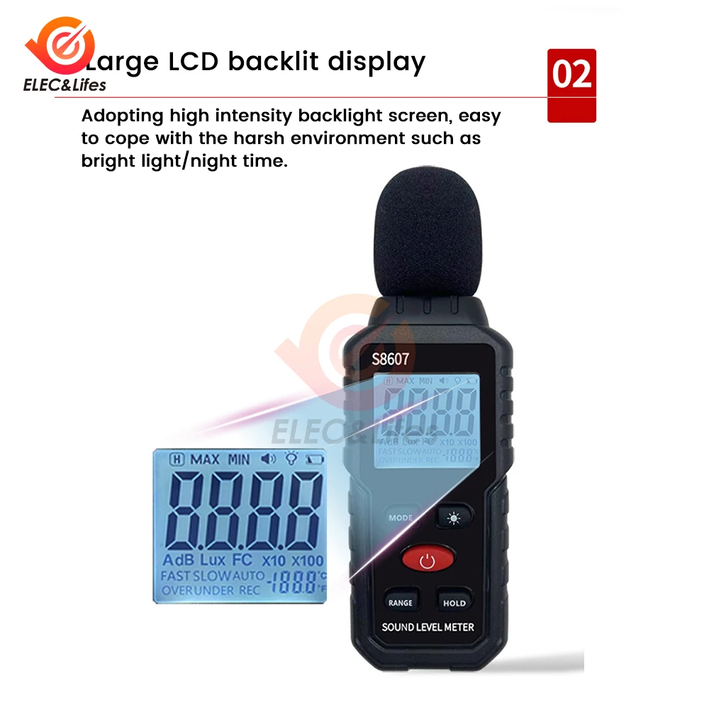 S8607 Digital 30~130dB Decibelimeter dB Meter Sound Level Meter Measure Sound Noise Level Decibel Meter 0.1dB Professional Sound