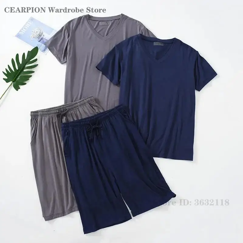 

Summer Pijamas for Mens Modal Plus Size 4XL 5XL Short Sleeve Shorts Thin V-Neck Pullover Tops Loose Male Sleepwear Home Clothes