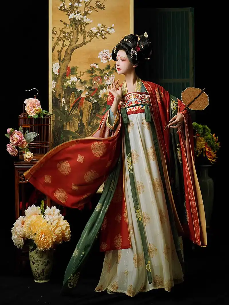 

Tang Dynasty Embroidered Hanfu, Ancient Painting Restoration Style, "Hanfu - Women's Style, Sleeveless Top Above The Chest"