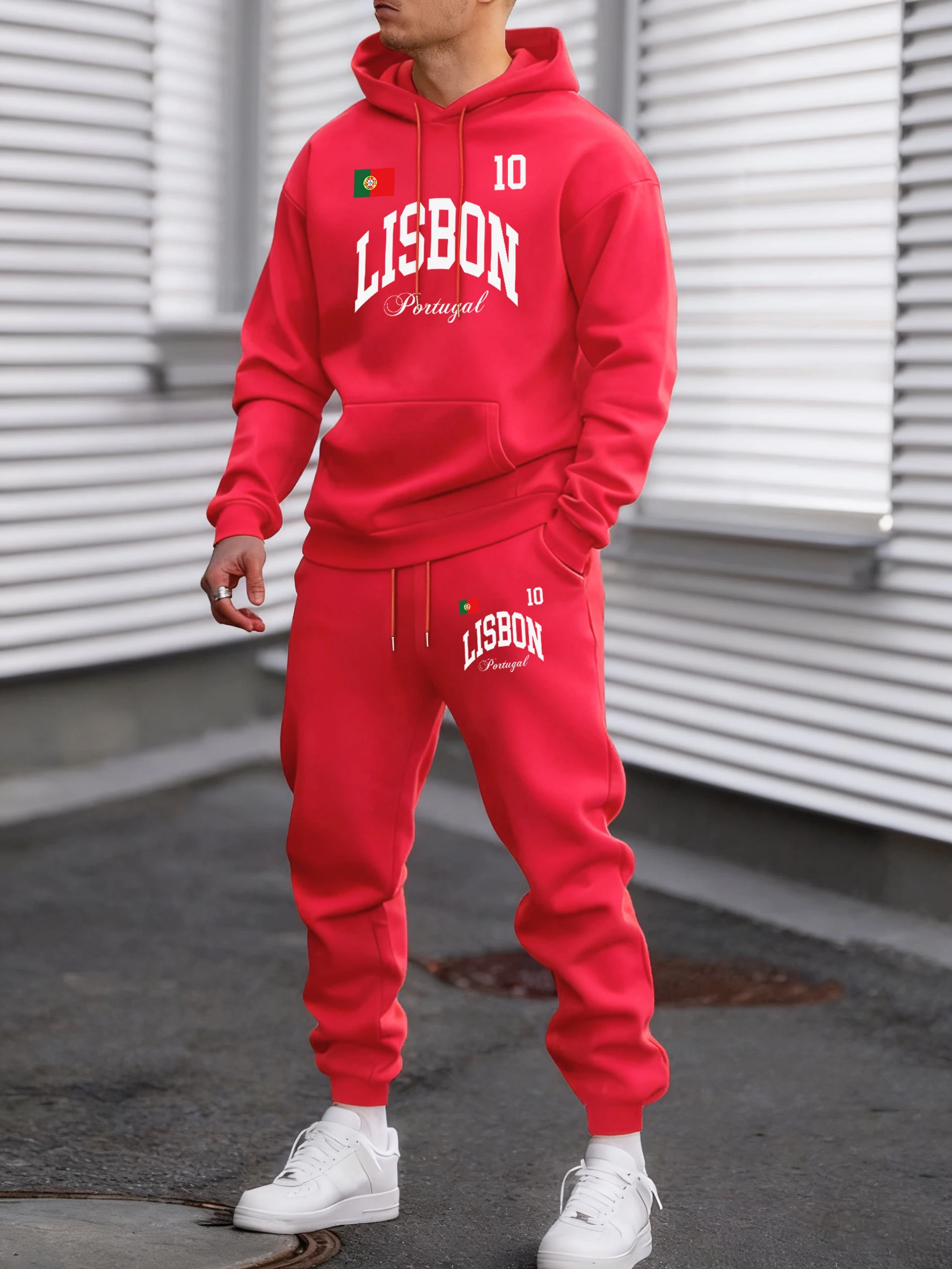 

Lisbon Portugal Flag Prints Loose Jogging Hoodies Autumn Fleece Streetwear Britches 2 Piece Set For Mens Sport Comfy Sportpants