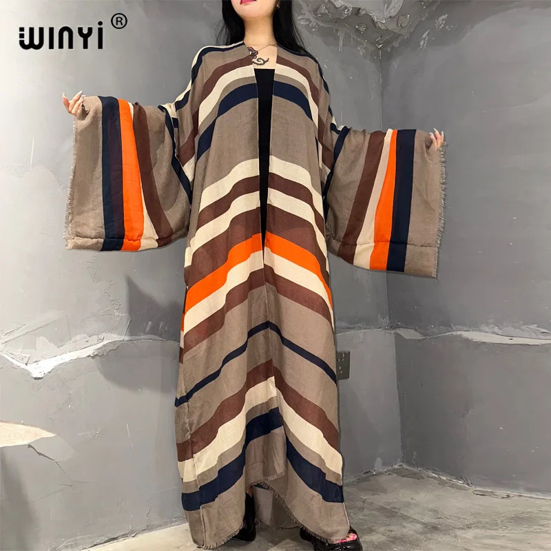 WINYI kimono Striped print Bikini Cover-up Elegant beach outfits for women sexy cotton feeling vestidos para mujer dress kaftan