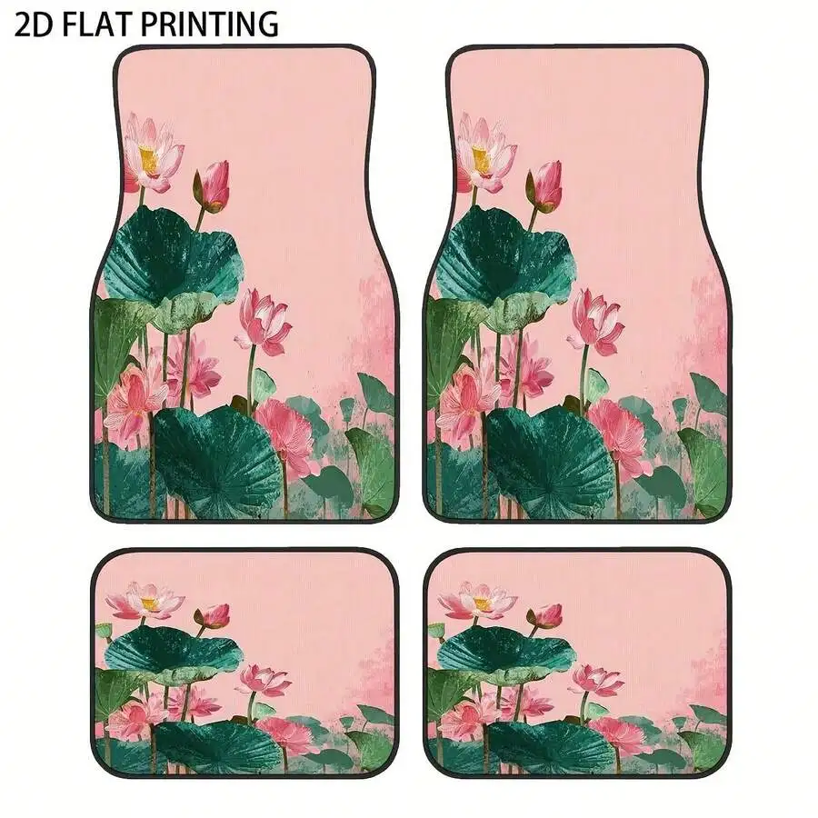 4pcs Car Floor Mats With Pink For Lotus Scattered Fresh Pattern Print, Universal Material Interior Accessories For All Seasons,