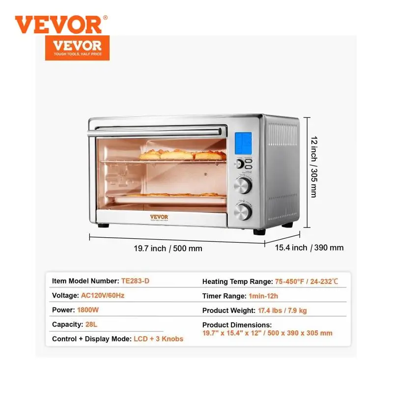 VEVOR 13-IN-1 Air Fryer Toaster Oven 29.6Qt Convection Oven 1800W 2-Tier Toaster Ovens Countertop Combo Home and Commercial Use