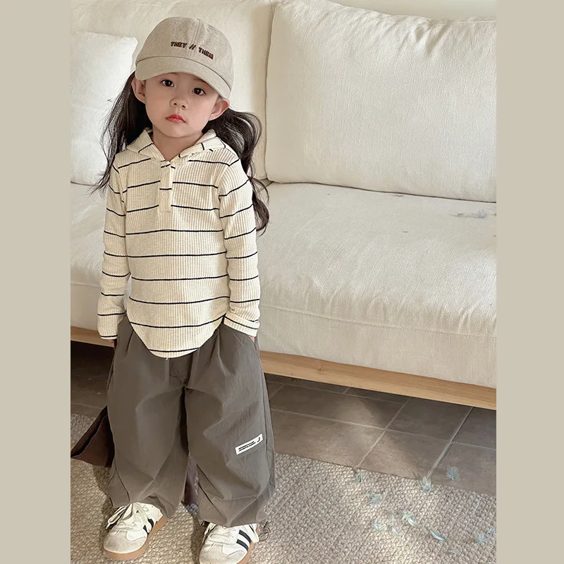 

Girls Blouse 2024 Autumn New Childrens Clothes Korean Style Long Sleeve Striped T-shirt Knit Hooded Coat Casual Simple