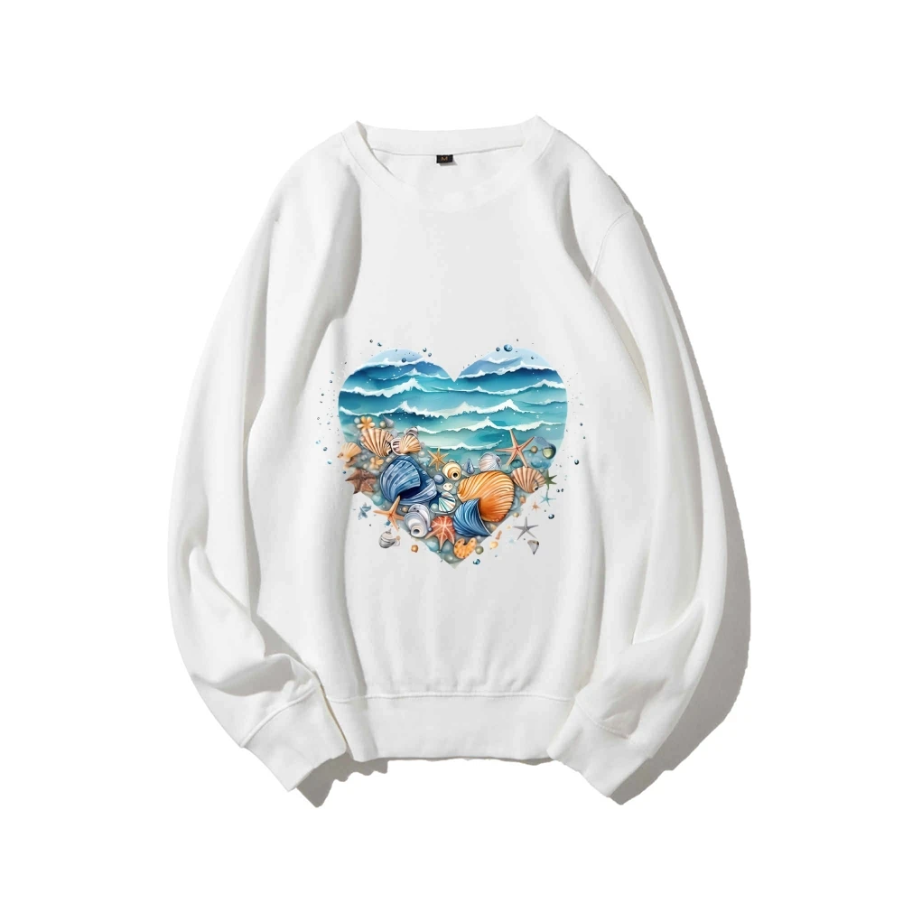 سويت شيرت Y2k برسومات على شكل قلب - على شكل شاطئ مع طباعة قذائف، قماش ناعم رومانسي وساحلي لمظهر كاجوال على شاطئ البحر