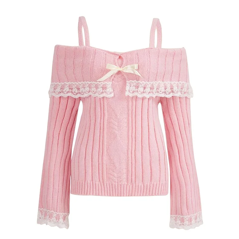 Y2K Cute Pink Sweater Sweet Pullovers Long Sleeve Bow Lace Patchwork Pullover Women Off Shoulder Knit  Jumpers Streetwear