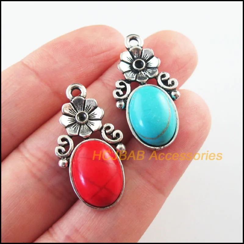 Fashion 8Pcs Retro Tibetan Silver Tone Oval Flower Blue&Red Stone Charms Pendants 15x29mm