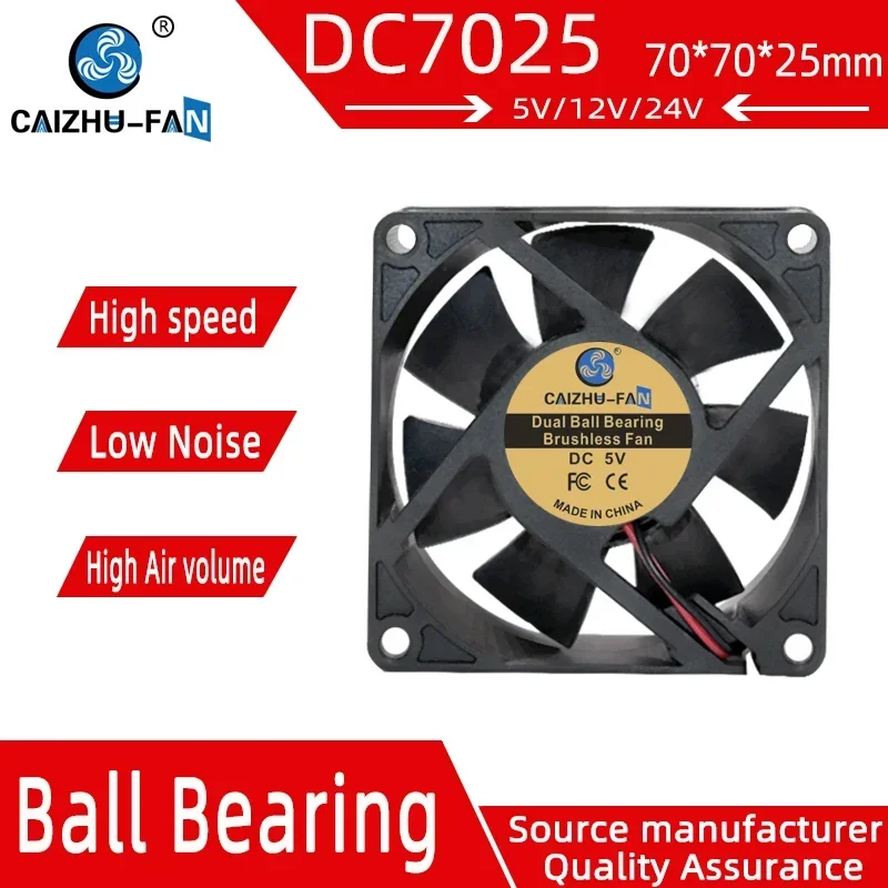 CAIZHU-FAN/ 7025 Fan 70MM 70*70*25MM DC 5V 12V 24V 7CM Ultra-thin Sleeve/Dual Ball Bearing Cooling Fan Comptuter CPU Cooling Fan