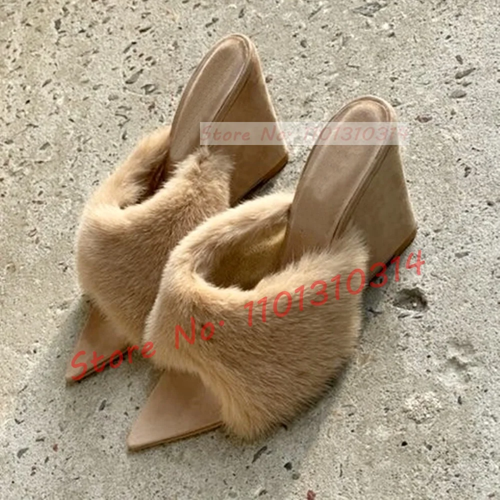 Khaki Fur Wedge Mules Women Elegant Nifty Pointy Open Toe Furry Heeled Slippers Female Trending Party Lovely Outfit Suede Shoes