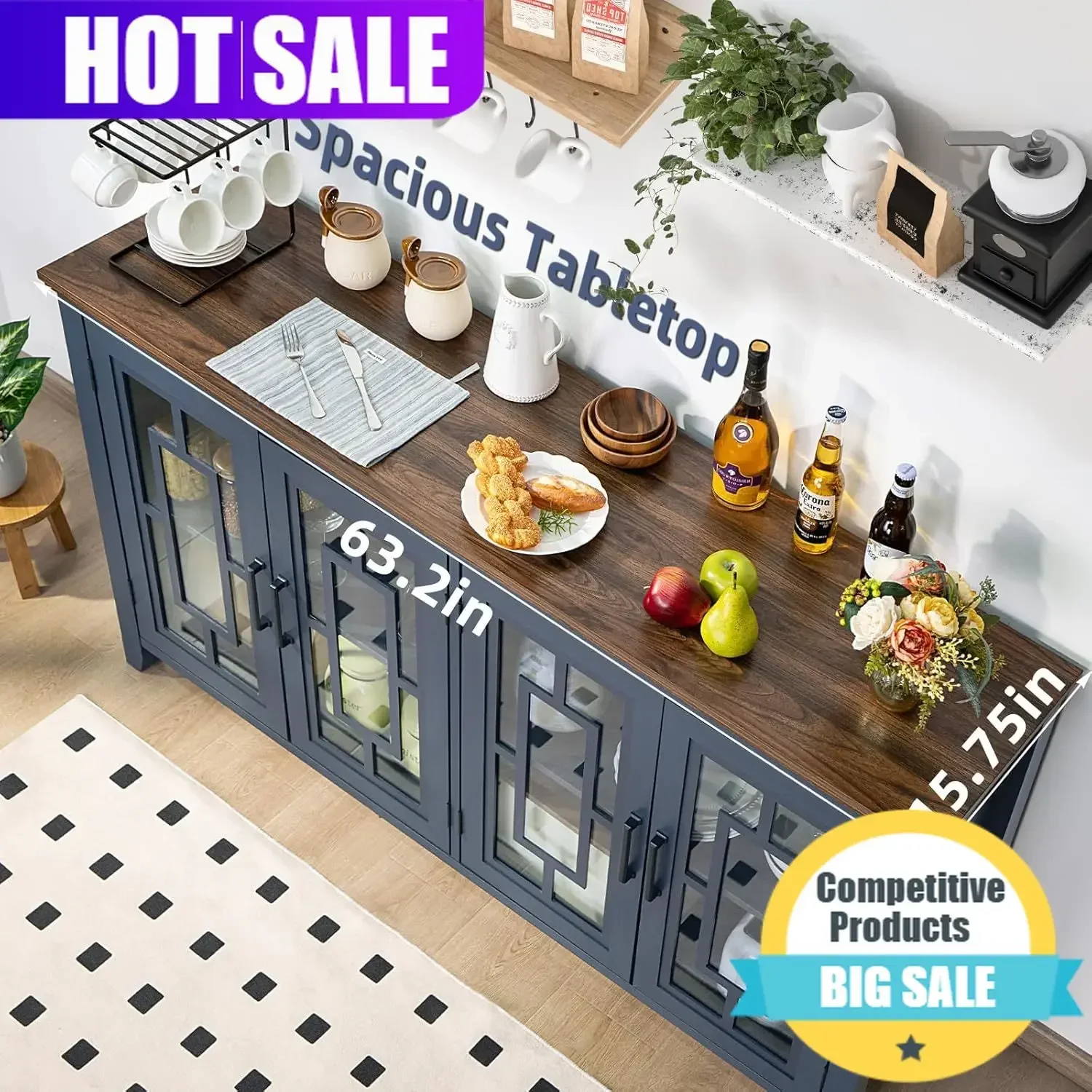 Exquisite Wine Bar Cabinet With 4 Glass Doors,Large Sideboard Buffet Cabinet With Storage, 63