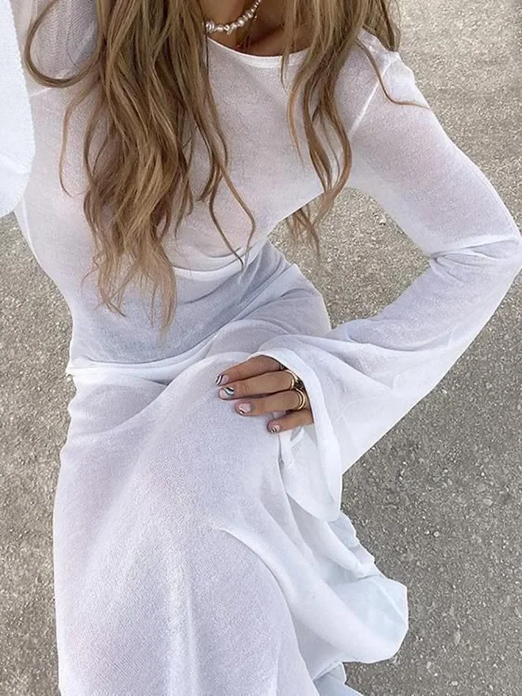 

White Backless See-through Long Dress Women's Summer Slim High Waist Spliced Long Sleeve Solid Color Beach Long Dress