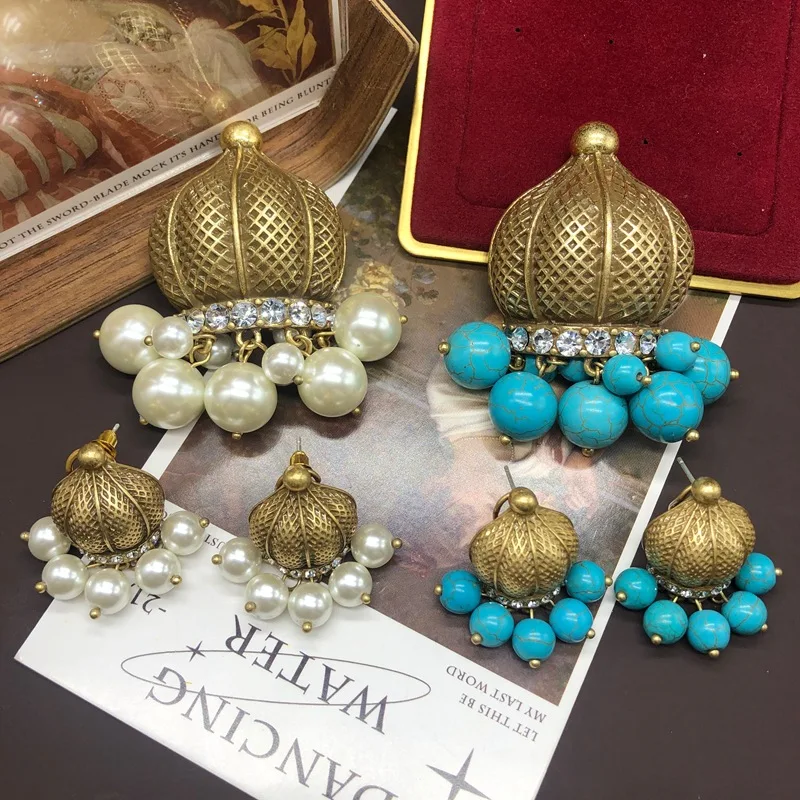 

Women Pink Crystal Turquoise Glass Pearl Pendant Brooch Stud Earrings Set
