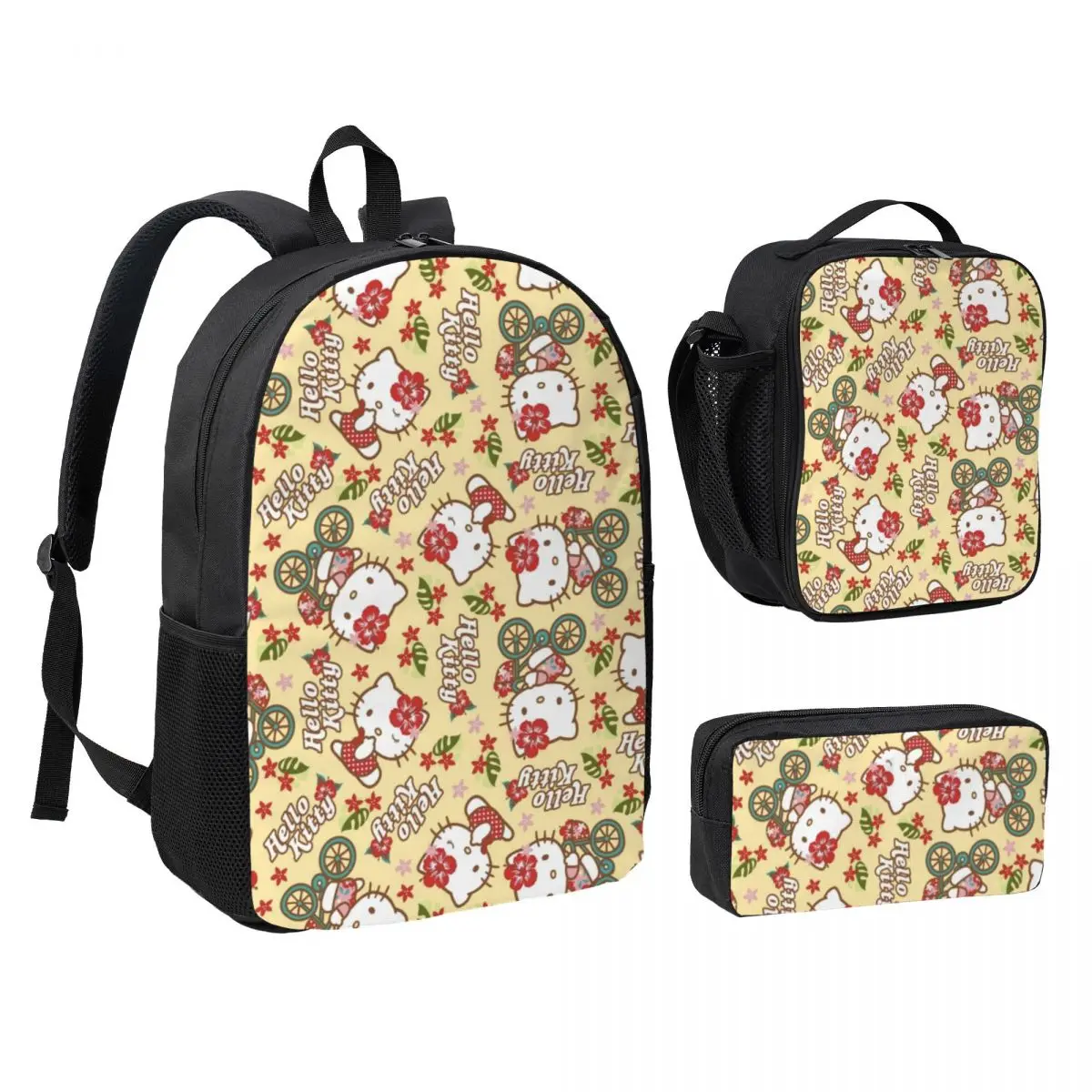 Hello Kitty 3-Piece Backpack Set with Lunch Bag and Pencil Pouch Lightweight 17-Inch Bag for Students and Professionals