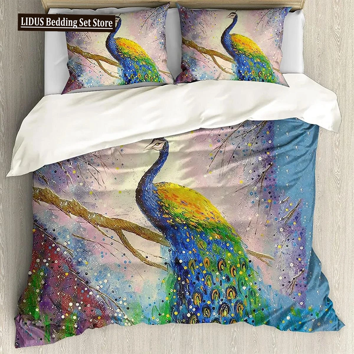 

Peacock Duvet Cover Set Rainbow Feather Bedding Set For Bedroom Decor Hippie Tie Dye Polyester Comforter Cover Double Queen Size