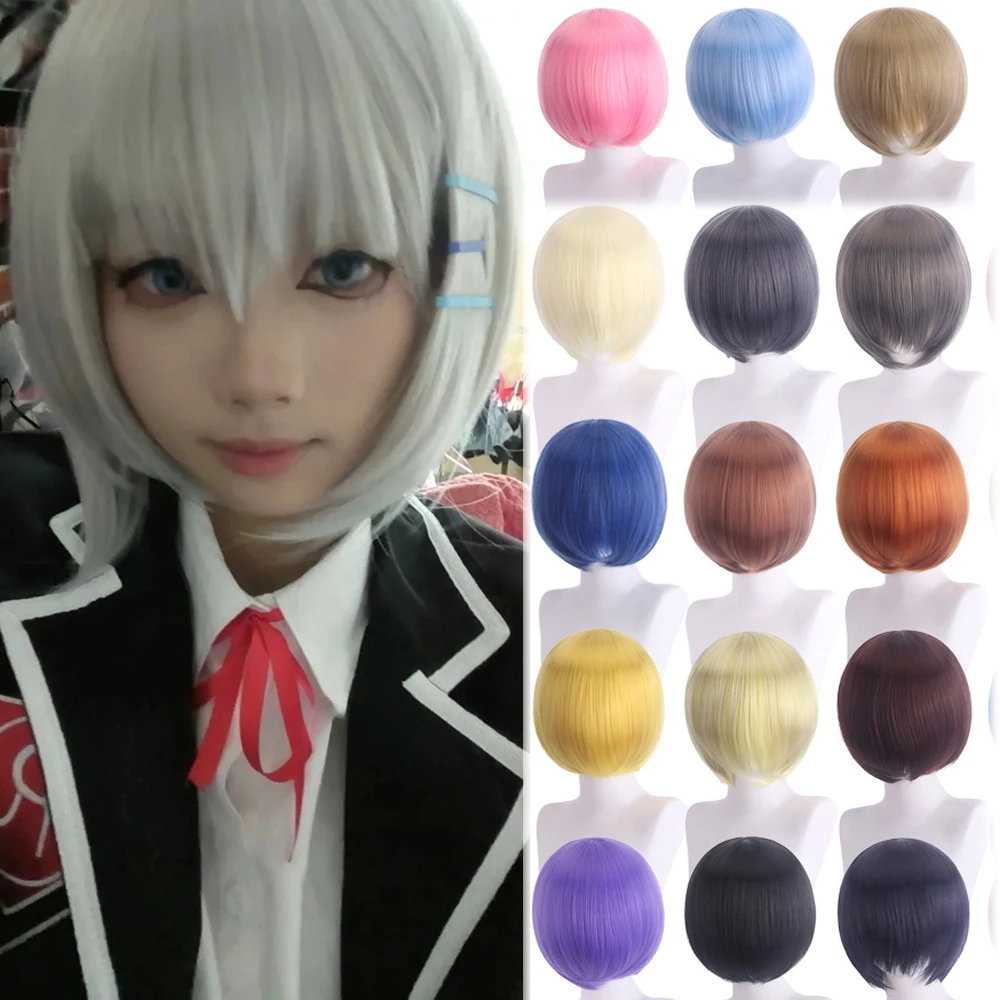 Cosplay Wig Fiber Synthetic Wig HSIU Short Bob Wig Straight Hair Golden Pink Red Blue Purple for Women Color Wig+Free Wig Cap