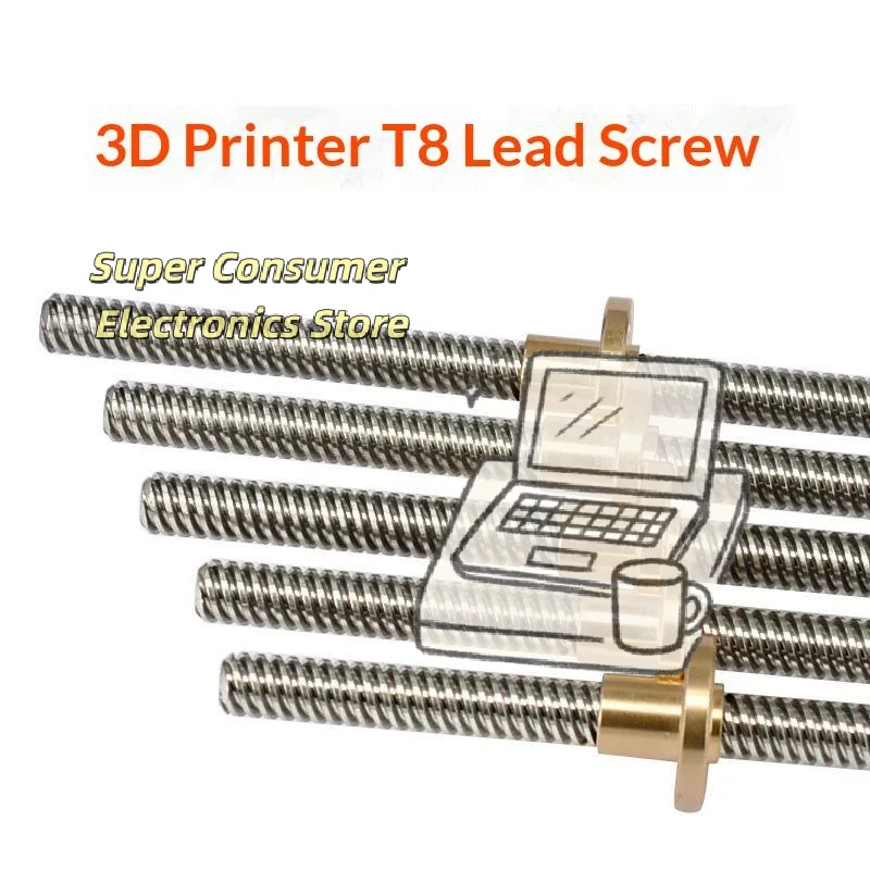 T8 Lead Screw with Brass Nut 8mm OD 2mm Lead Durable Construction 3D Printer Part for School STEM Education Projects