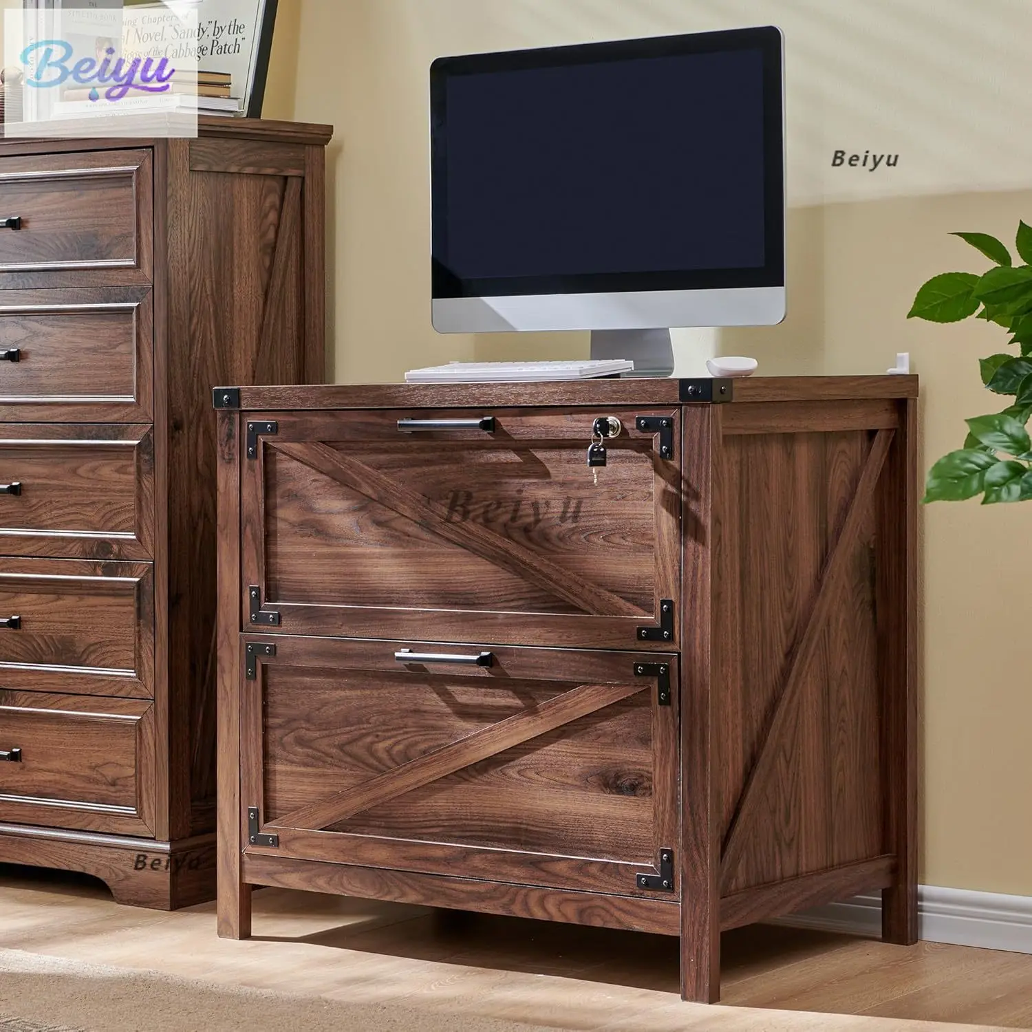 

2 drawer farmhouse filing cabinet, horizontal filing cabinet with lock, suitable for home office, brown