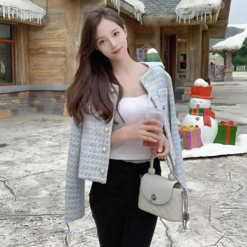Elegant Cropped Tweed Jacket With Pearl Button French Style Design Sensibility Niche Loose-Fit Women's Spring Autumn New Model