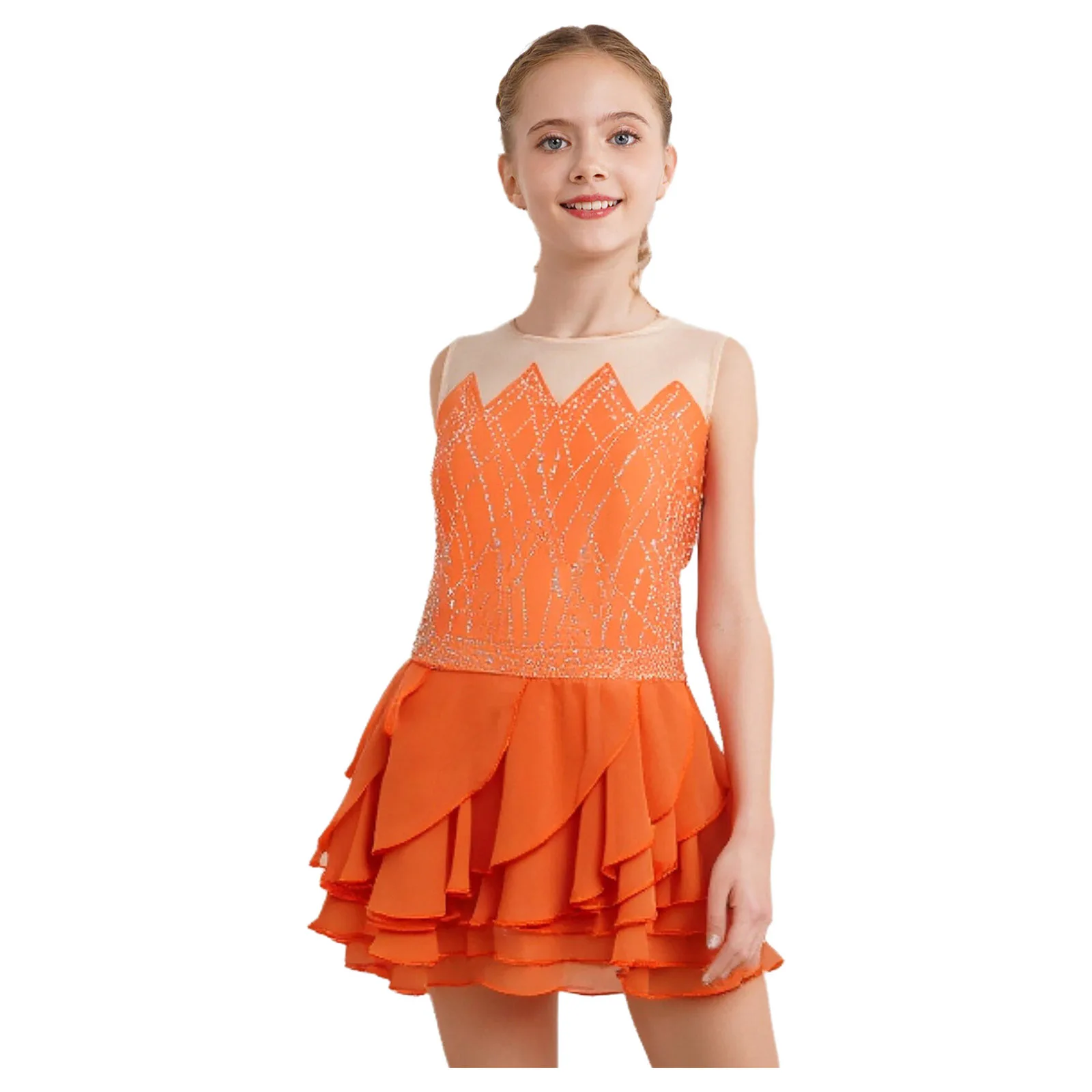 Kids Girls Rhythm Gymnastics Ballet Skirted Leotards Dresses Shiny Rhinestones Figure Skating Lyrical Dance Performance Costume