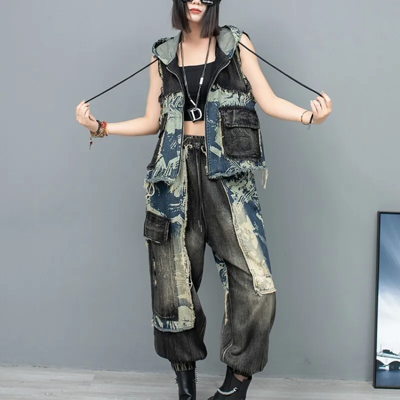 2024 Summer New Fashion Pant Set Women Print Splicing Vintage Denim Hooded Vest + Casual Pants Two-piece Set LX711