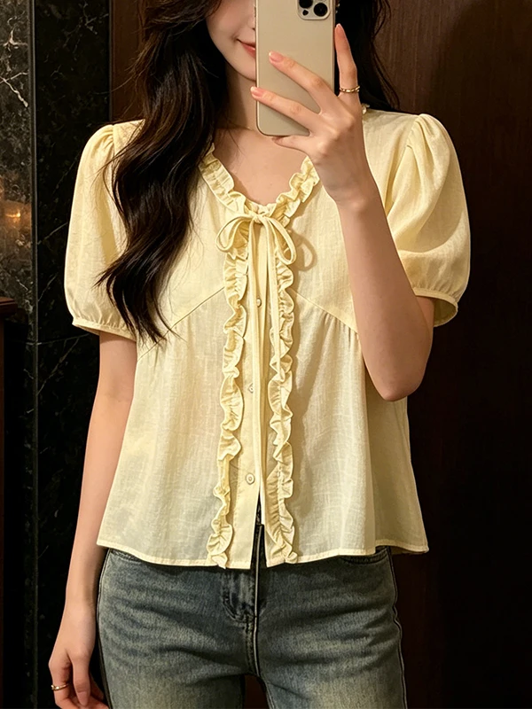 

plus Size Korean Style Doll Shirt Women's V Neck Bubble Sleeve Blouse Wooden Ear Soft Style Summer New Fashion Slimming Top