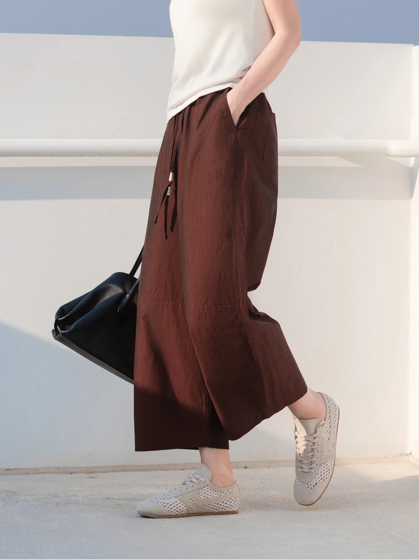

High-Waist Wide-Leg Cotton Pants Breathable Sweat-Absorbing Comfortable Spring Summer New Style Color-Woven Eighteen Inches