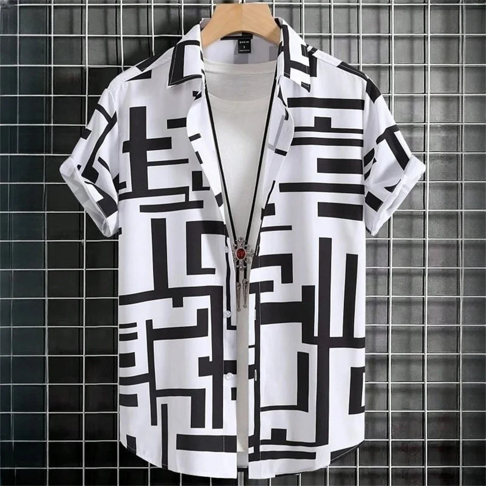 Camisa con estampado 3D de geometría para hombre, blusa Hawaiana de manga corta con botones, informal, suelta, a la moda, ropa de verano