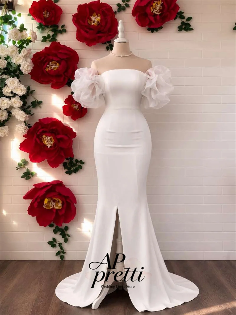 AP pretti Customized Modern Strapless Wedding Dresses For Woman Detachable Puff Sleeve Front Slit Detail Mermaid Bridal Gown