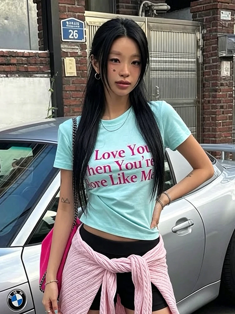 Tonngirls American Retro Print Letter T-shirt Women Slim Short Sleeve Crop Tops Y2k Japanses Vintage Tops Streetwear Tshirts