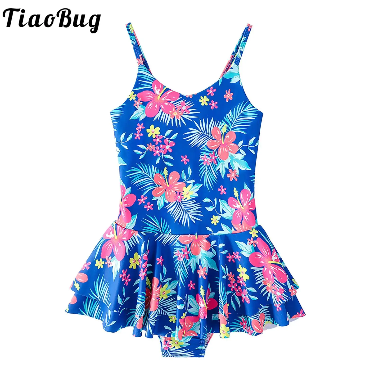 

Kids Girls Hawaii Floral Print One Piece Swimsuit Adjustable Straps Camisole Ruffle Skirted Swimwear Beach Holiday Bathing Suit