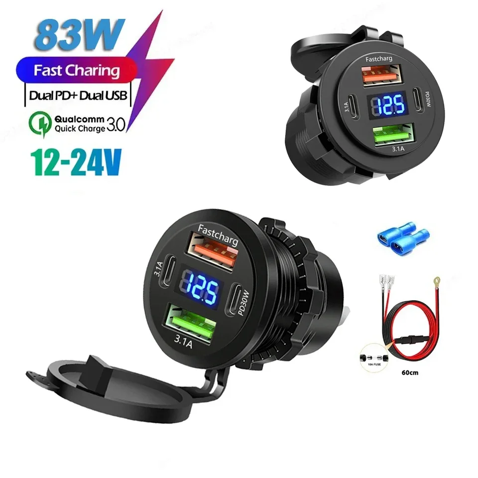 Auto-Ladegerät-Buchse, Dual Typ C und Dual-USB, 4 Ports, Schnellladebuchse, wasserdicht, mit Voltmeter, 12 V/24 V, für Auto, Boot, Motorrad