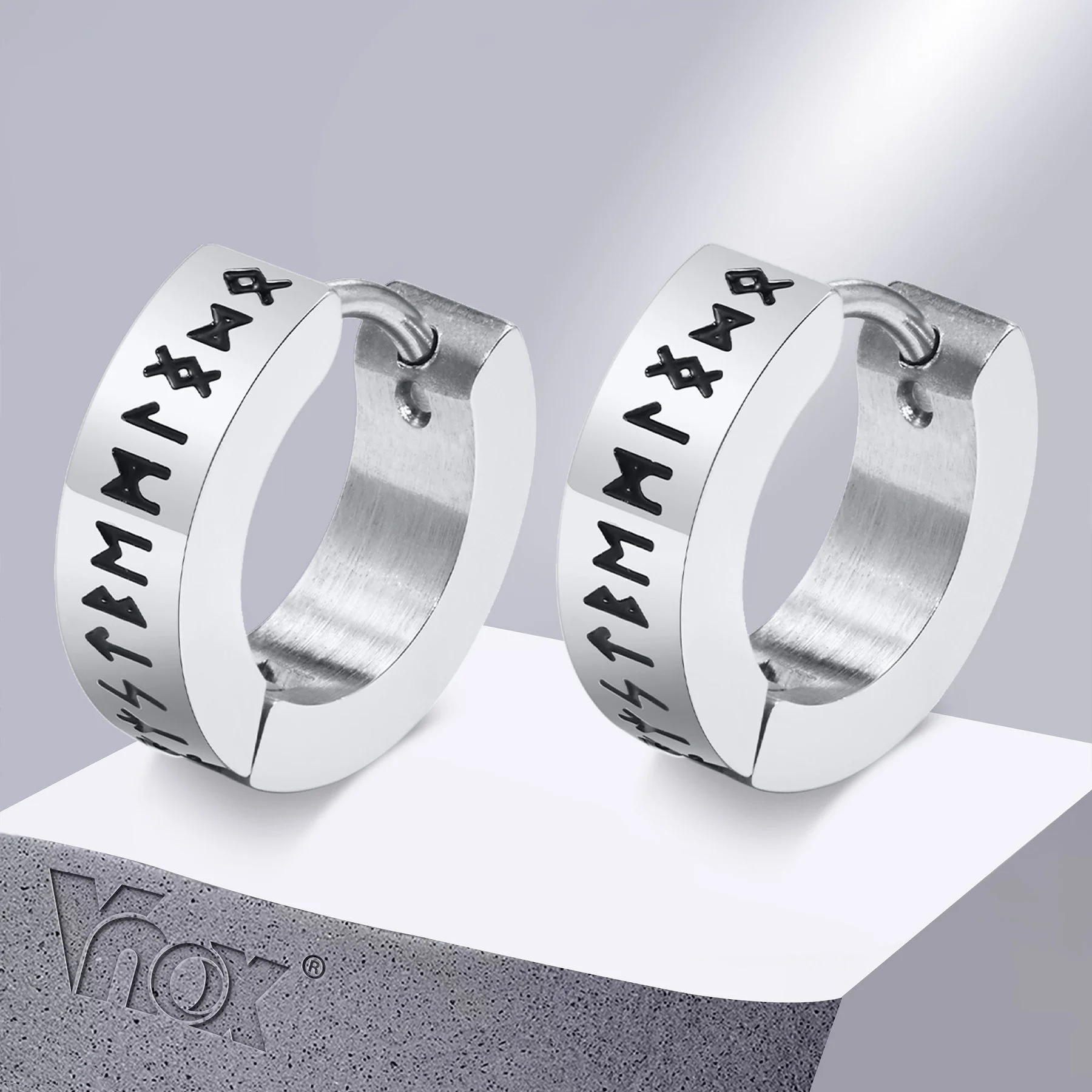 Vnox Men Norse Viking Runes Hoop Earrings,13mm Stainless Steel Huggie Ear Gifts Jewelry for Male Boys