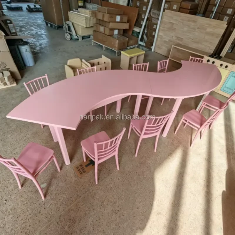 Portable Kids Table Set White Pink S Shape Scratch Resistant Modern Furniture for Children Party Rental Use