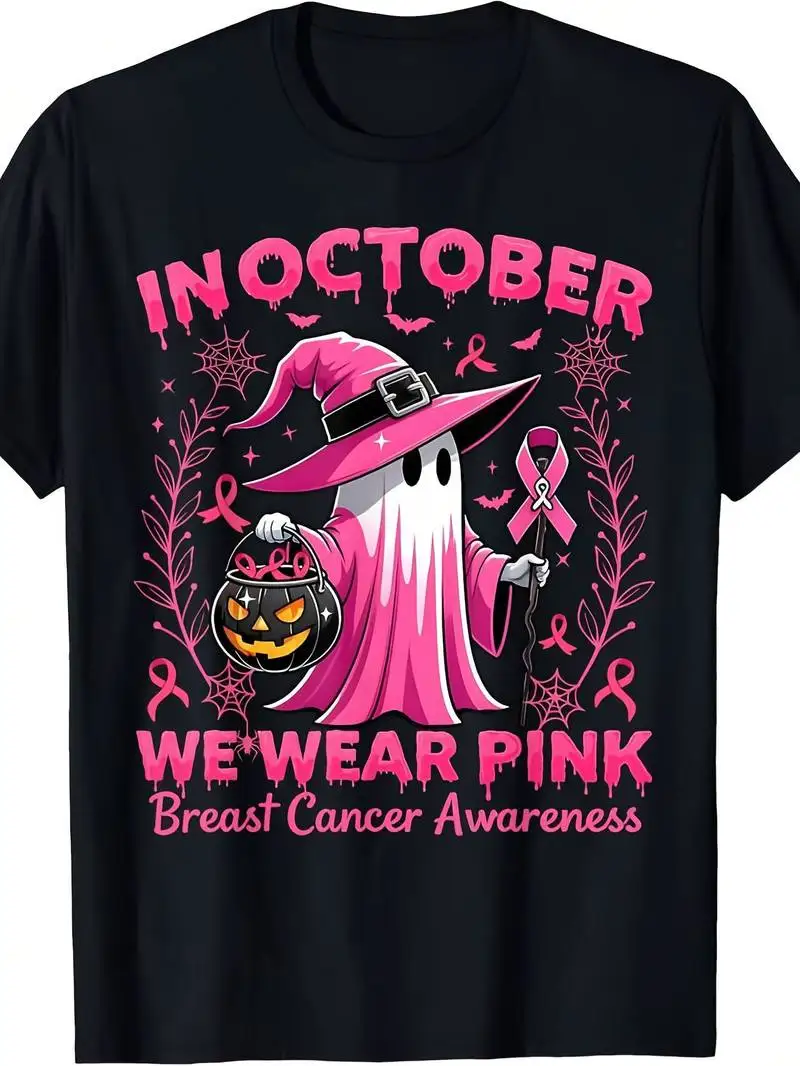 Men's And Women's Short Sleeve T-Shirt - October Pink Breast Cancer Awareness Halloween Graphic Print Crew Neck Tee Holiday Top
