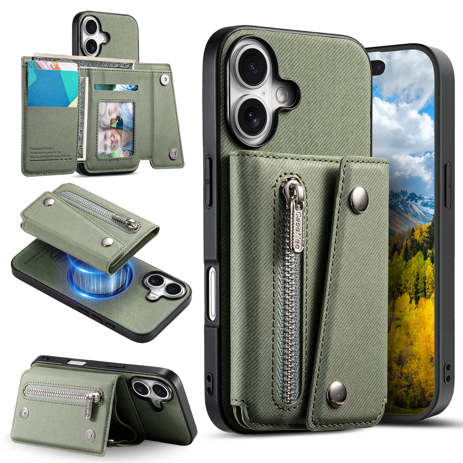 

Magnetic Zip Pocket Case For OPPO Realme GT8 Pro P3 C75 C65 15 14 13 5G 4G Removable Card Bag Canvas 3 Cards Wallet Phone Cover
