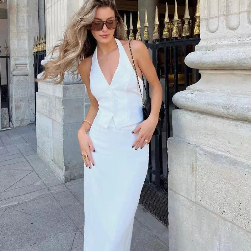 2024 Halter Tank Top Skirt Set Women 2 Piece Single Breasted Backless Bandage Vest Split Long Skirt Matching Sets Lady Outfit