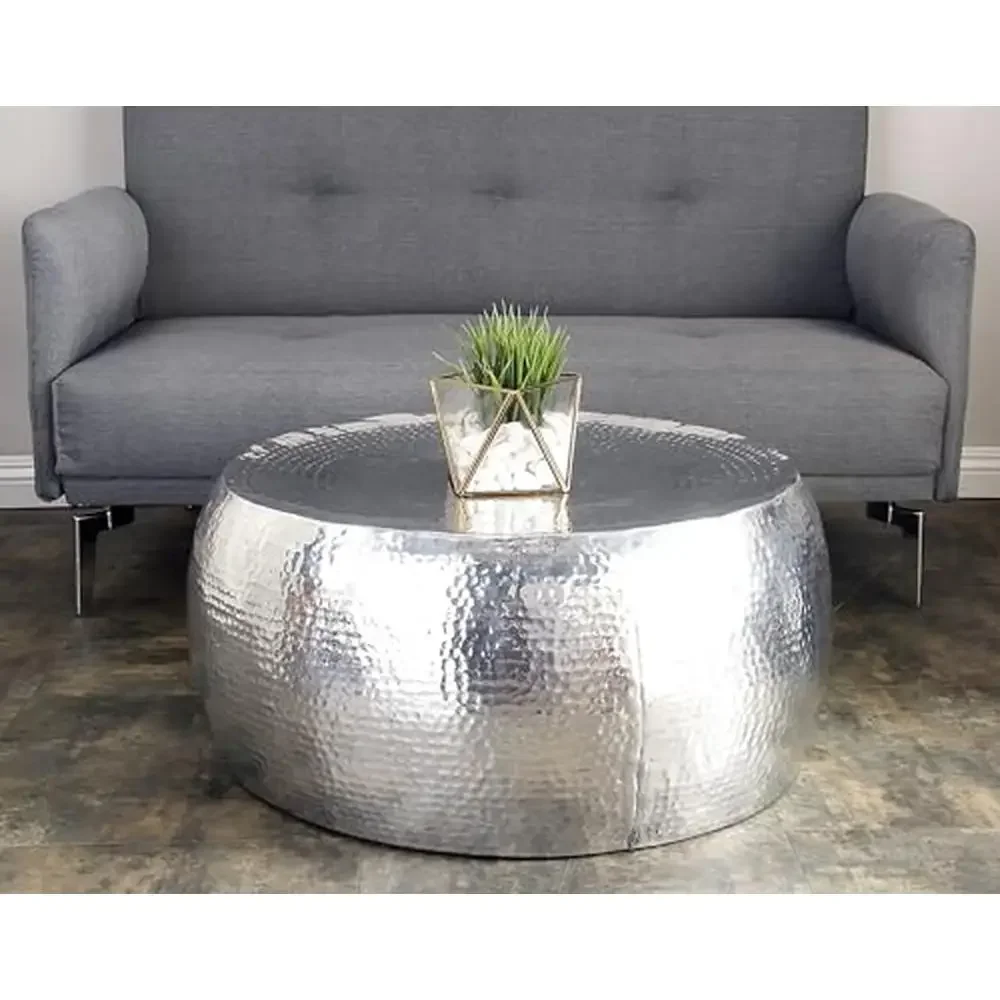 Round Silver Aluminum Hammered Coffee Table Drum Shape Living Room Center Table 30