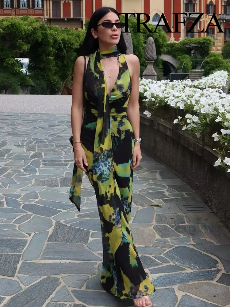 

TRAFZA Women's Summer Fashion V-neck Thin Scarf Printed Long Sexy Dress Female Elegant Seaside Vacation Casual Sleeveless Dress