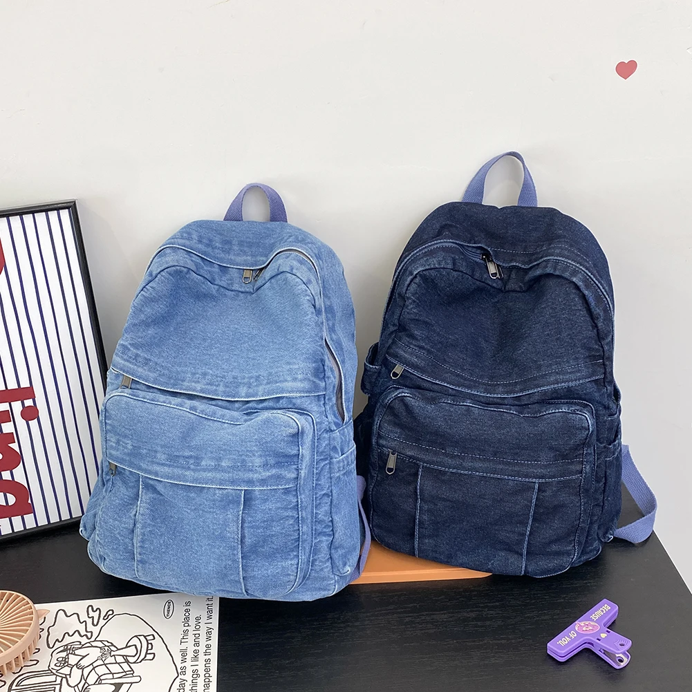 Women Vintage Backpack Large Capacity Denim Jeans Shoulder Bag Adjustable Strap Laptop Backpack Female Daily Backpack