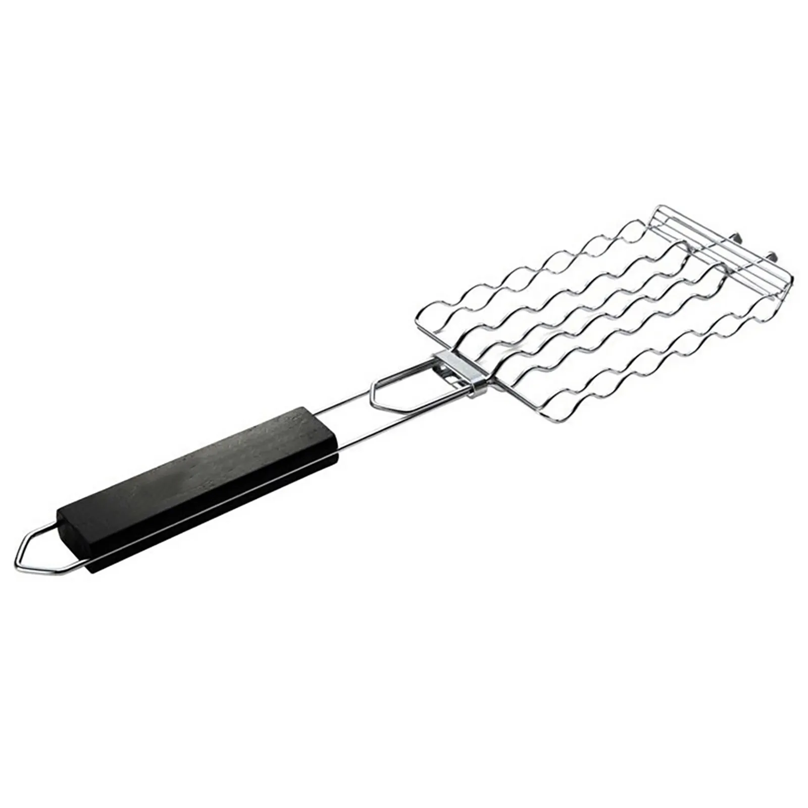 Grilling Basket Bbq Clamp Wave Shaped Non Stick Heat Resistant Outdoor Bbq Tool with Wooden Handle Lockable Fish Sausage Grill