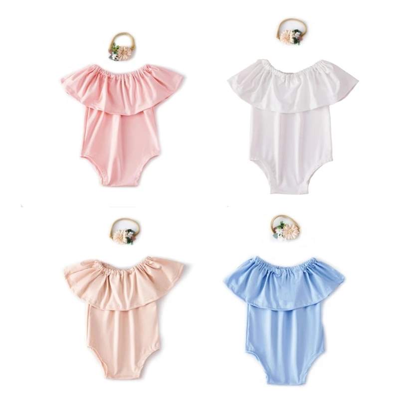 

F62D 1 Set Baby Romper and Flower Headwear Solid Color Girls Dress Costume Photography Props for Newborns Photoshoots