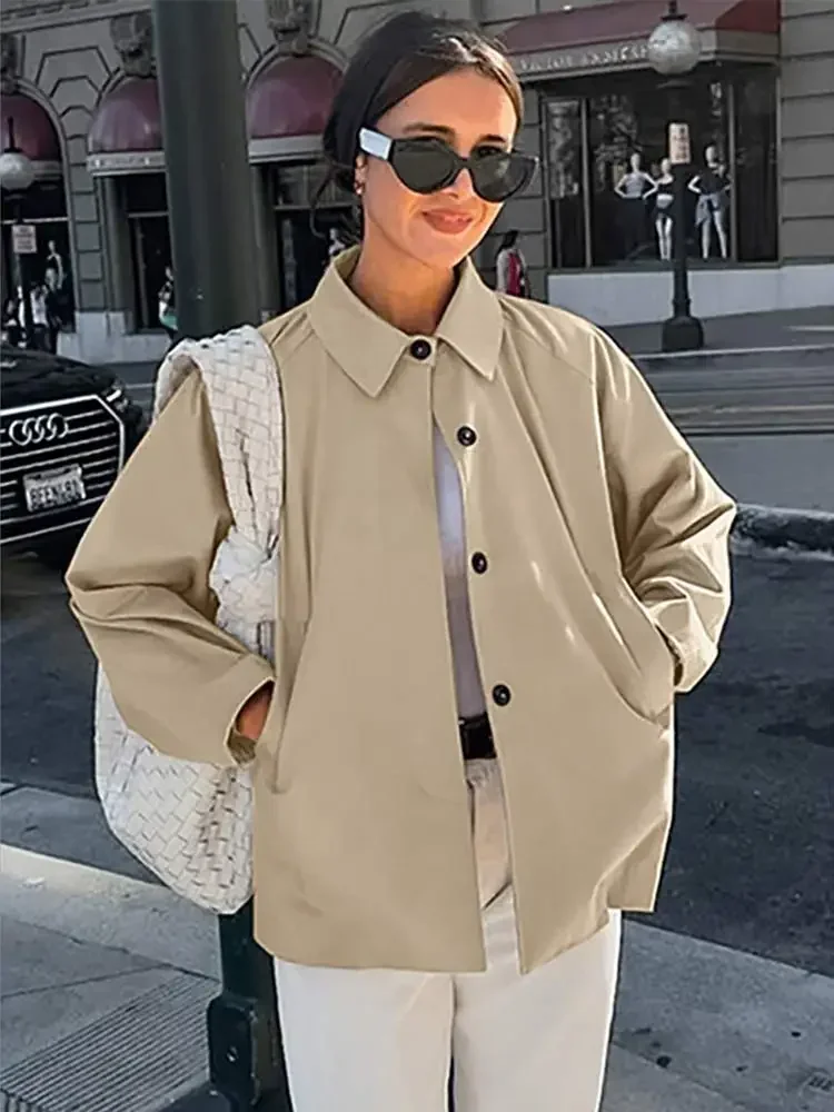 Khaki Single Breasted Lapel Short Windbreaker Women Casual  Long Sleeved Crop Thin Loose Coat Autumn Female New Street Outerwear