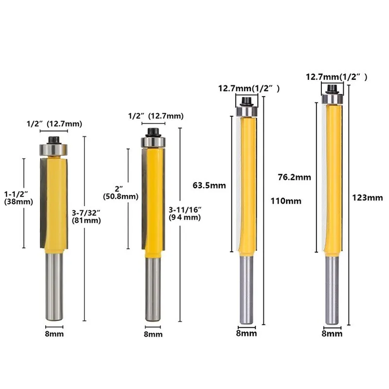 セラミック皿穴セット,ベアリング付きストレートルータービット,1個/2個/3個,8mm,直径1/2\