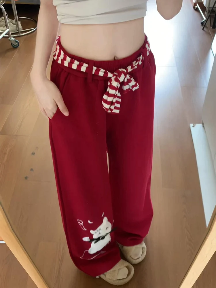 

Милые широкие брюки с высокой талией и вышивкой, прямой крой, свободный крой, осень-зима, новые женские повседневные брюки, красные