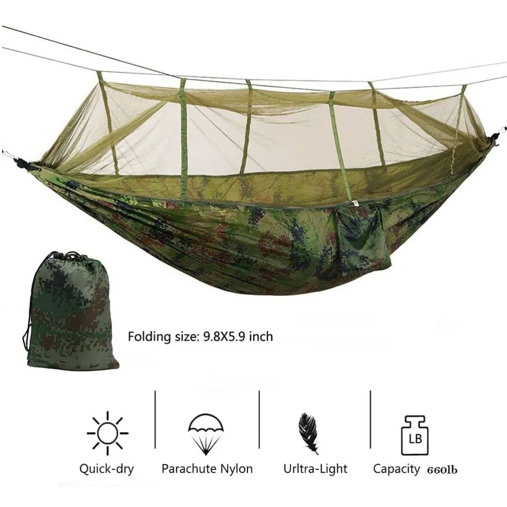 Double Camping Hammock with Mosquito Net Lightweight Nylon Portable Hammock Best Parachute Hammock with Tree Straps for Camping