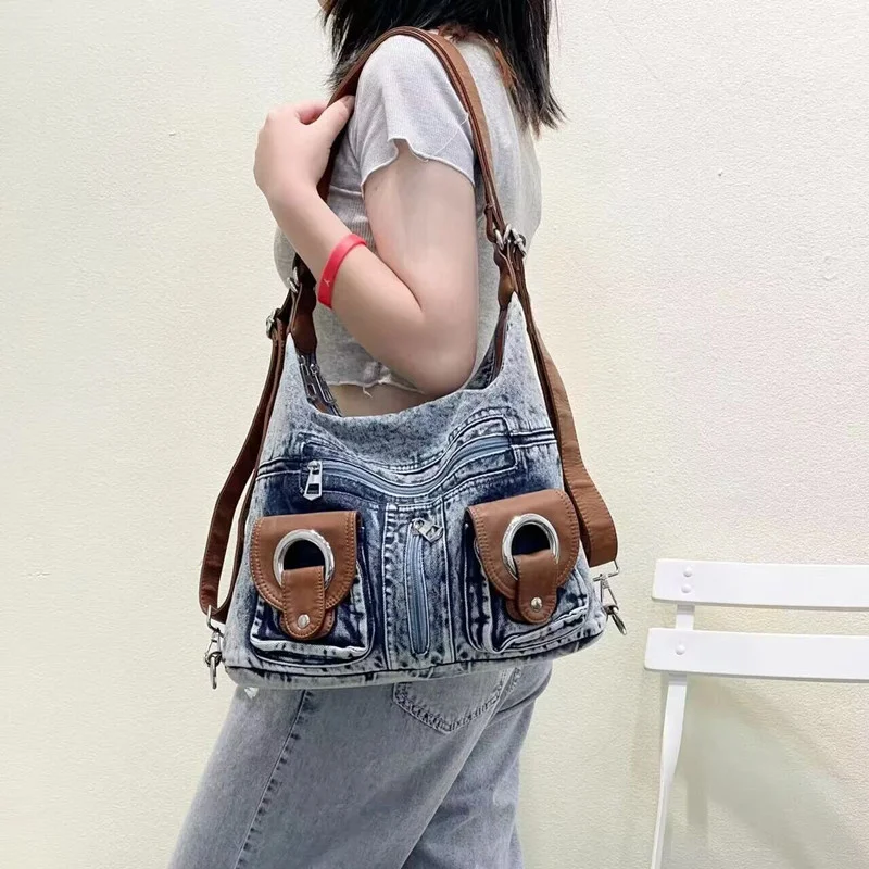 

Vintage Premium Wash denim Bag Single Shoulder Crossbody Motorcycle large capacity weekend travel shopping bag