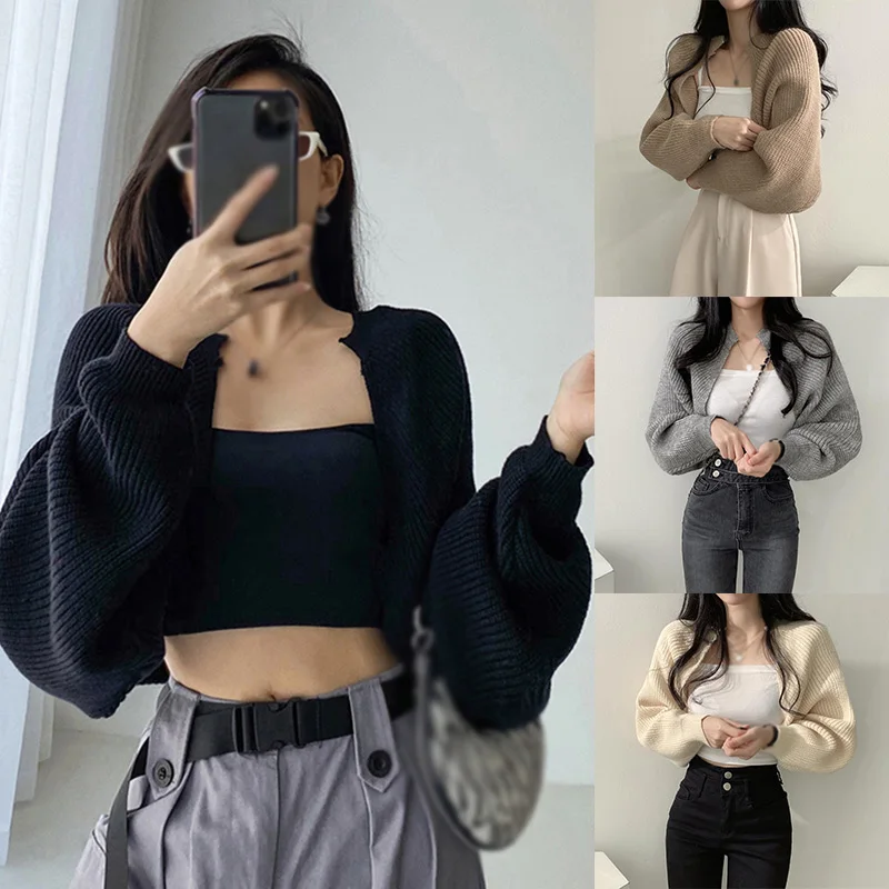 Women Shawl Sweater Bishop sleeve Ultra short Knitted Fashionable Autumn