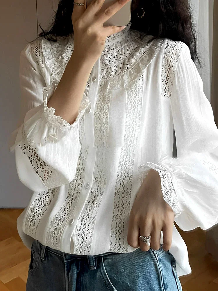 GypsyLady Boho Elegant Chic Blouse Shirt Cotton Patchwork Hollow Out Women Blouse Long Lantern Sleeve Ladies Casual Top Shirts