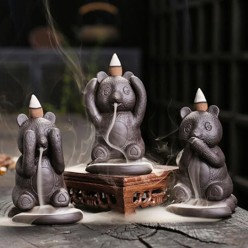 Lila Ton Rauchen Rückfluss Sandelholz Räucherstäbchenhalter Panda Aroma Brenner Duft Räuchergefäß Teehaus Home Decor