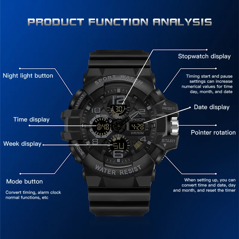 Men\'s Digital Watch Sport Date Week Chronograph Alarm Luminous 5ATM Waterproof Multi-function Wristwatch Relogios Masculino 2024